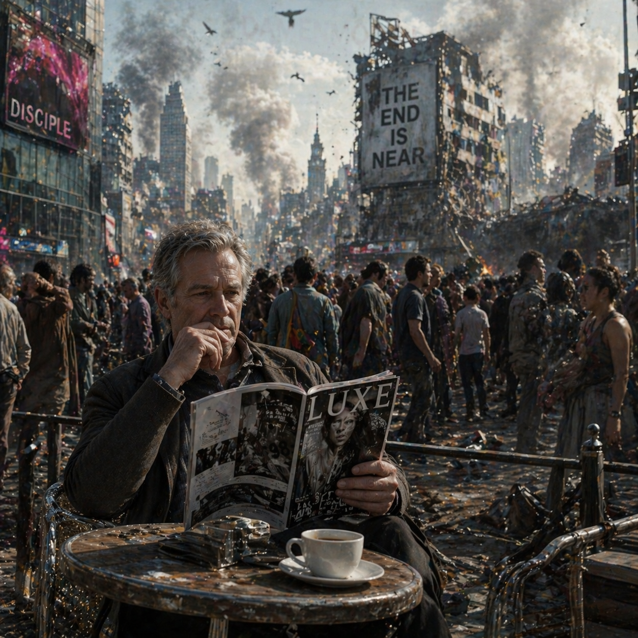 Ein nachdenklicher �lterer Mann liest in einer v�llig zerst�rten, apokalyptischen Stadtruine seelenruhig eine Luxuszeitschrift bei einer Tasse Kaffee.